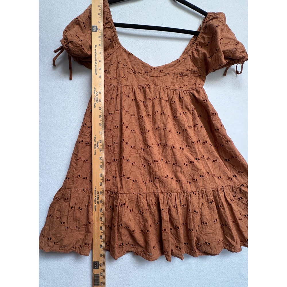 Lush Brown Eyelet Cotton Mini Dress Puff Sleeve Boho Babydoll DR97108E-I Small - Picture 10 of 10